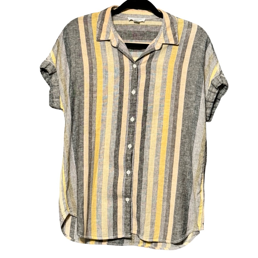 BeachLunchLounge Linen Cotton Yellow Striped Button Down Front Short Sleeve Top